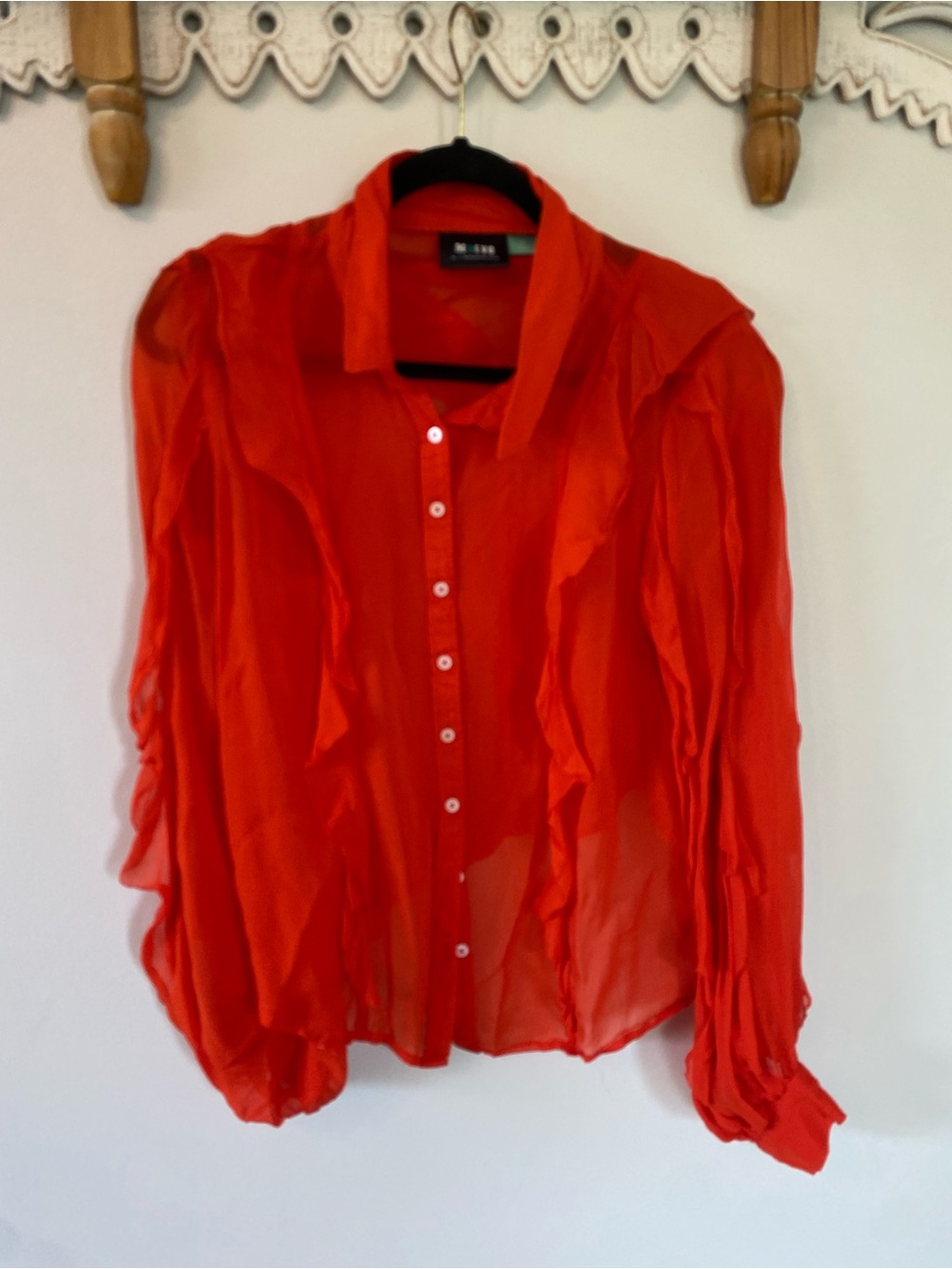 Anthropologie Maeve Sheer Ruffle Button-Up Flowy Blouse in Red/Orange - size 1x - Picture 6 of 9